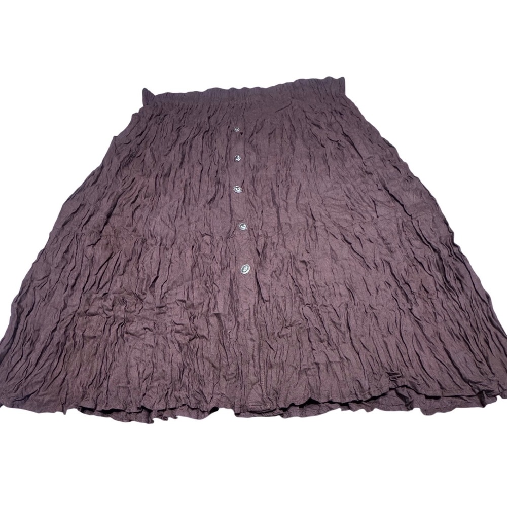 Brown Crinkle Midi Skirt Women‎ Size M Elastic Waist Button Front Boho Peasant